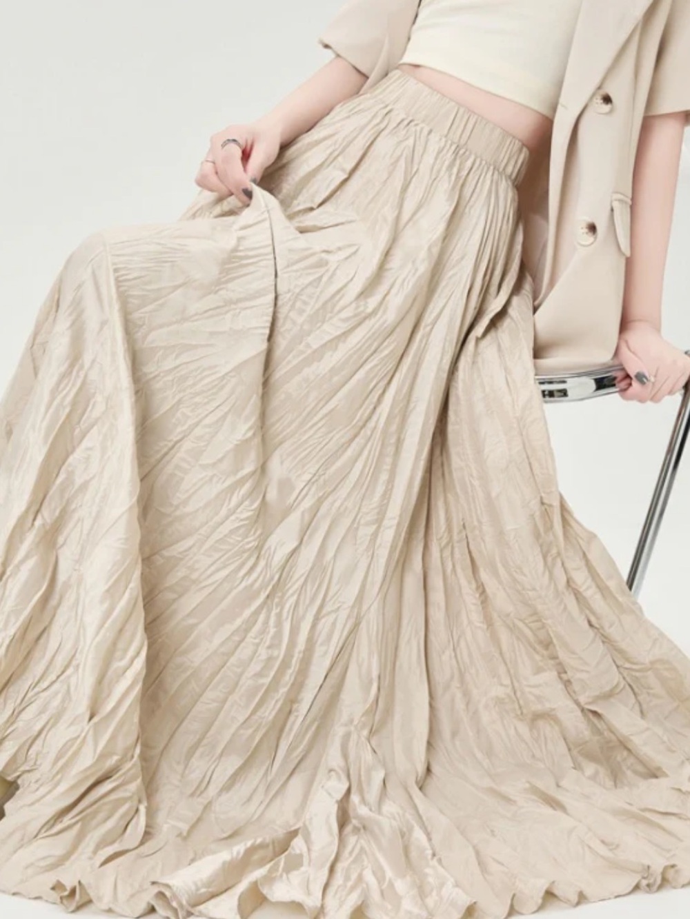 Women's Pleated Maxi Skirt - Cream